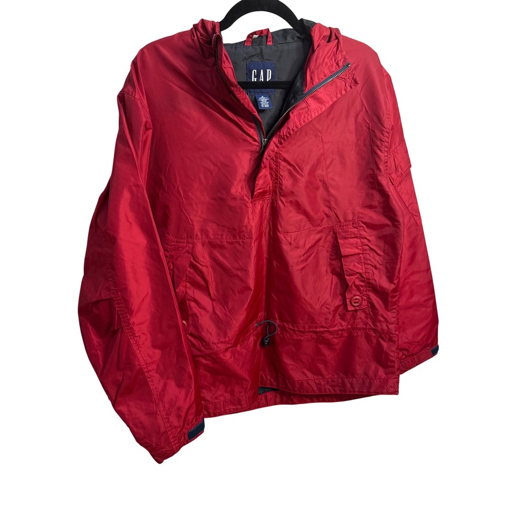Gap Mens Red Nylon Windbreaker Jacket Hooded‎ Half Zip Small